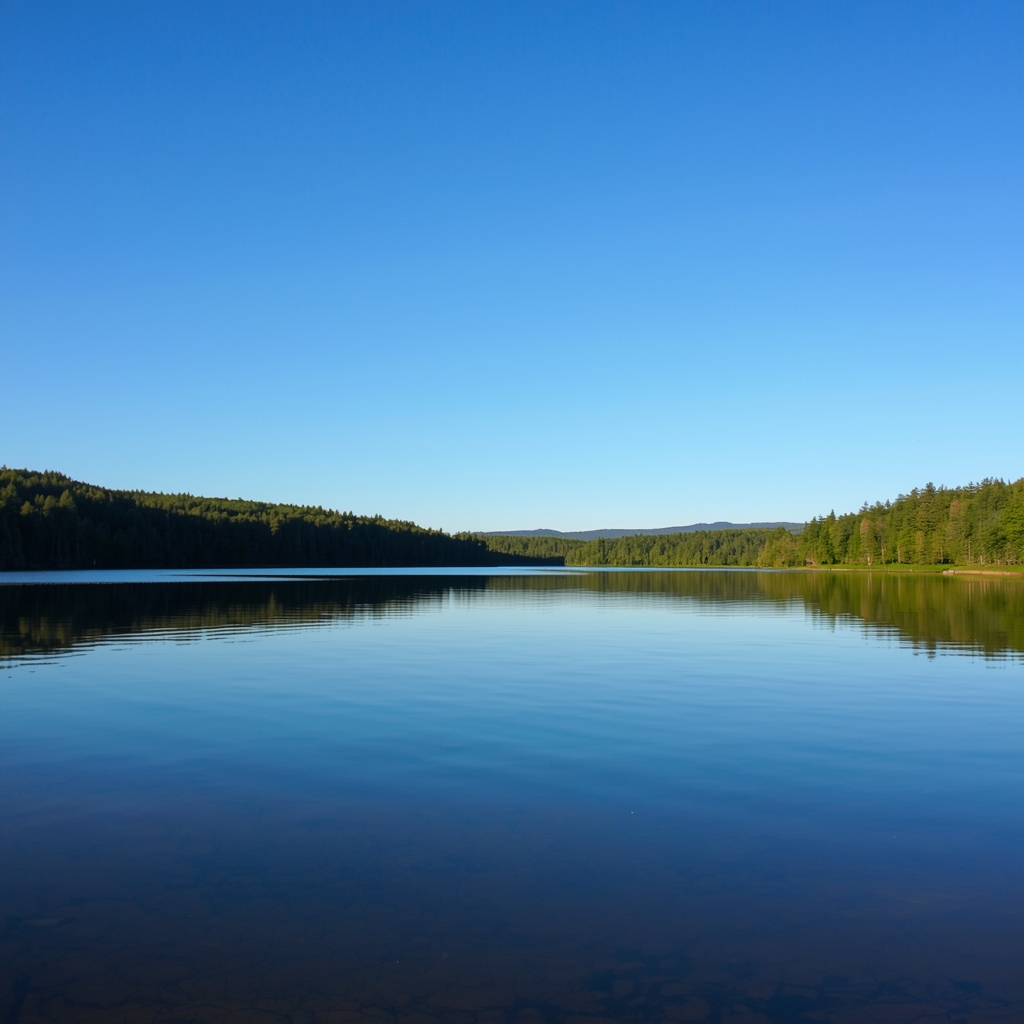 A serene landscape with a calm lake mirroring a clear blue sky, evoking a sense of mental clarity and natural wellness.